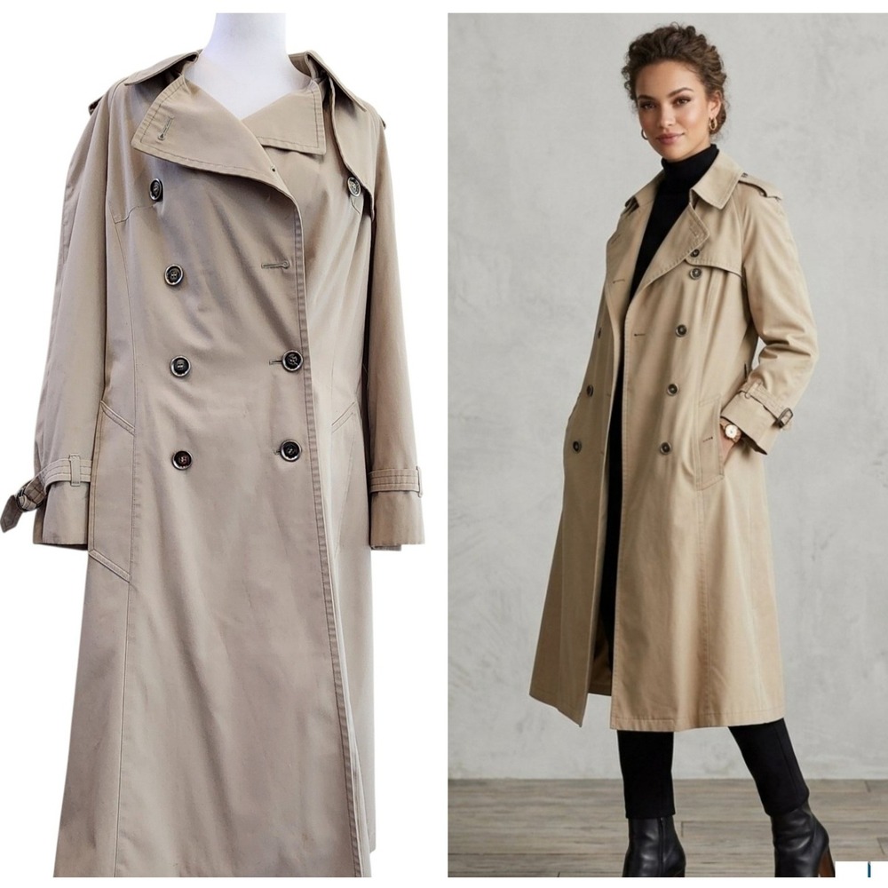 Vintage 80s London Fog Trench Coat RARE Beige Plaid Lined Double Breasted 8P